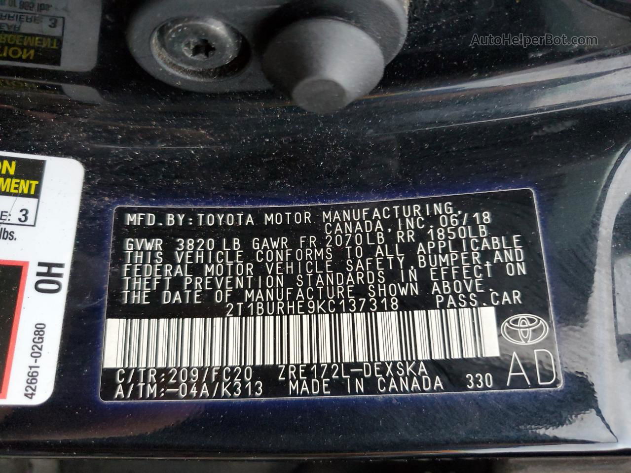 2019 Toyota Corolla L Blue vin: 2T1BURHE9KC137318