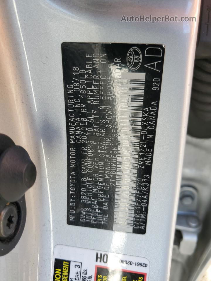 2019 Toyota Corolla L Серебряный vin: 2T1BURHE9KC155401