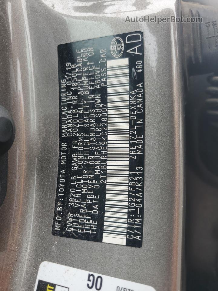 2019 Toyota Corolla L Бежевый vin: 2T1BURHE9KC228007