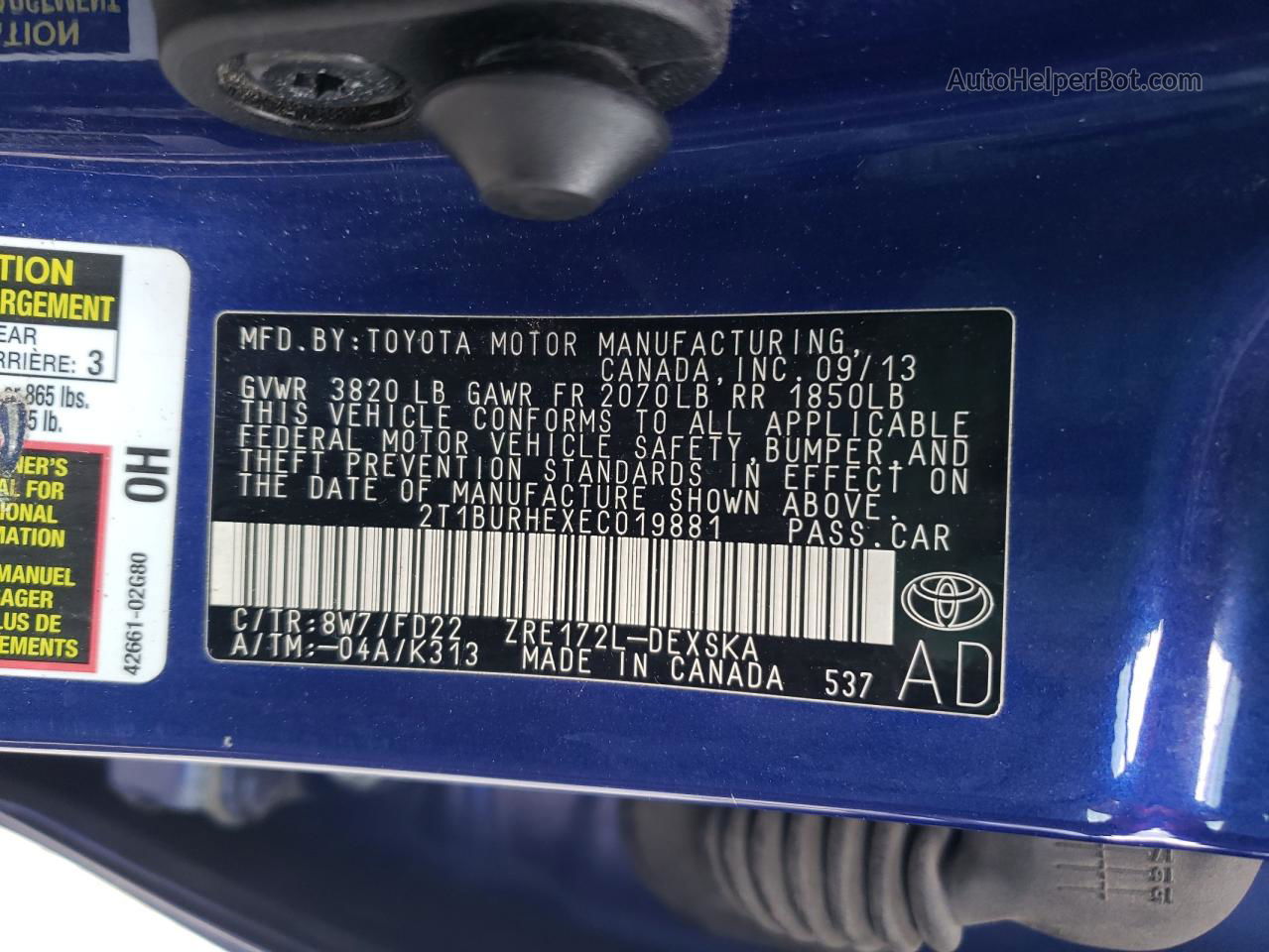 2014 Toyota Corolla L Blue vin: 2T1BURHEXEC019881