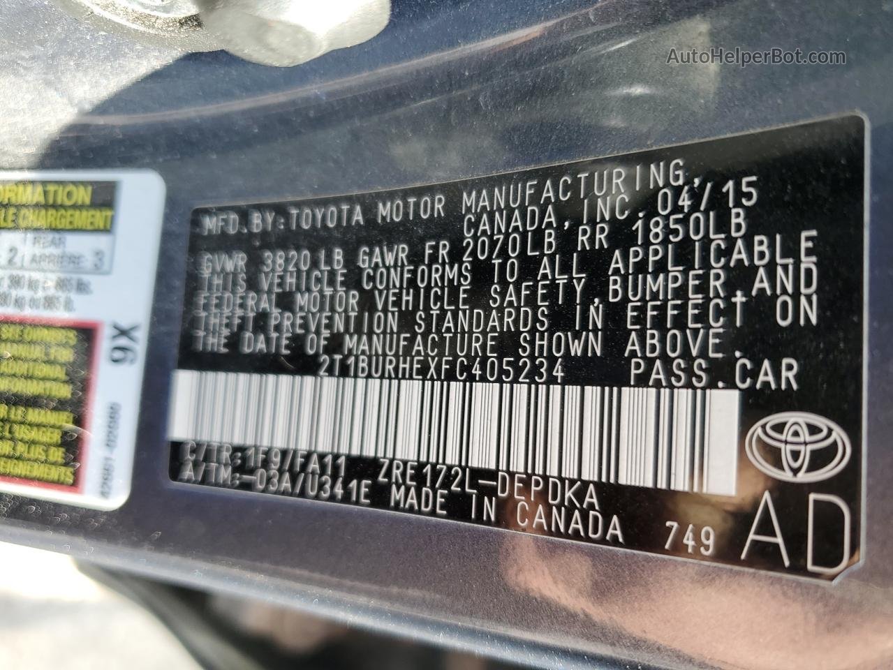 2015 Toyota Corolla L Серый vin: 2T1BURHEXFC405234