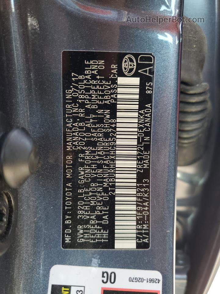 2017 Toyota Corolla L Gray vin: 2T1BURHEXHC952748