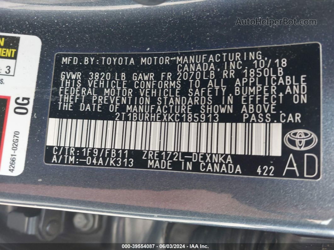 2019 Toyota Corolla Le Gray vin: 2T1BURHEXKC185913