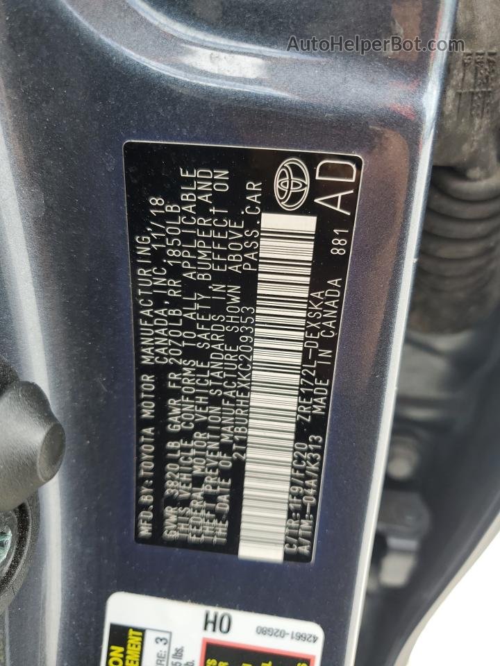 2019 Toyota Corolla L Silver vin: 2T1BURHEXKC209353