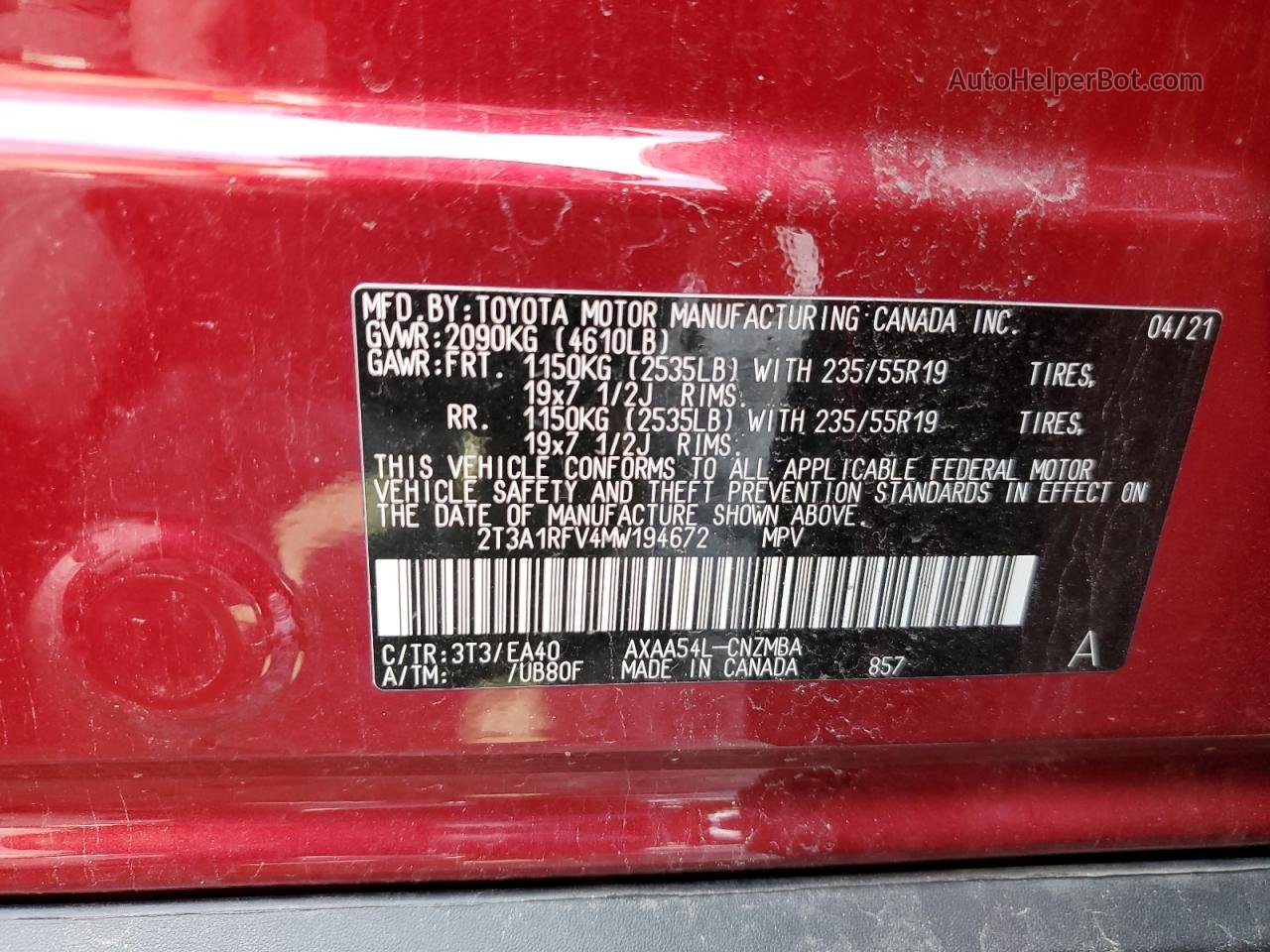 2021 Toyota Rav4 Xle Premium Red vin: 2T3A1RFV4MW194672
