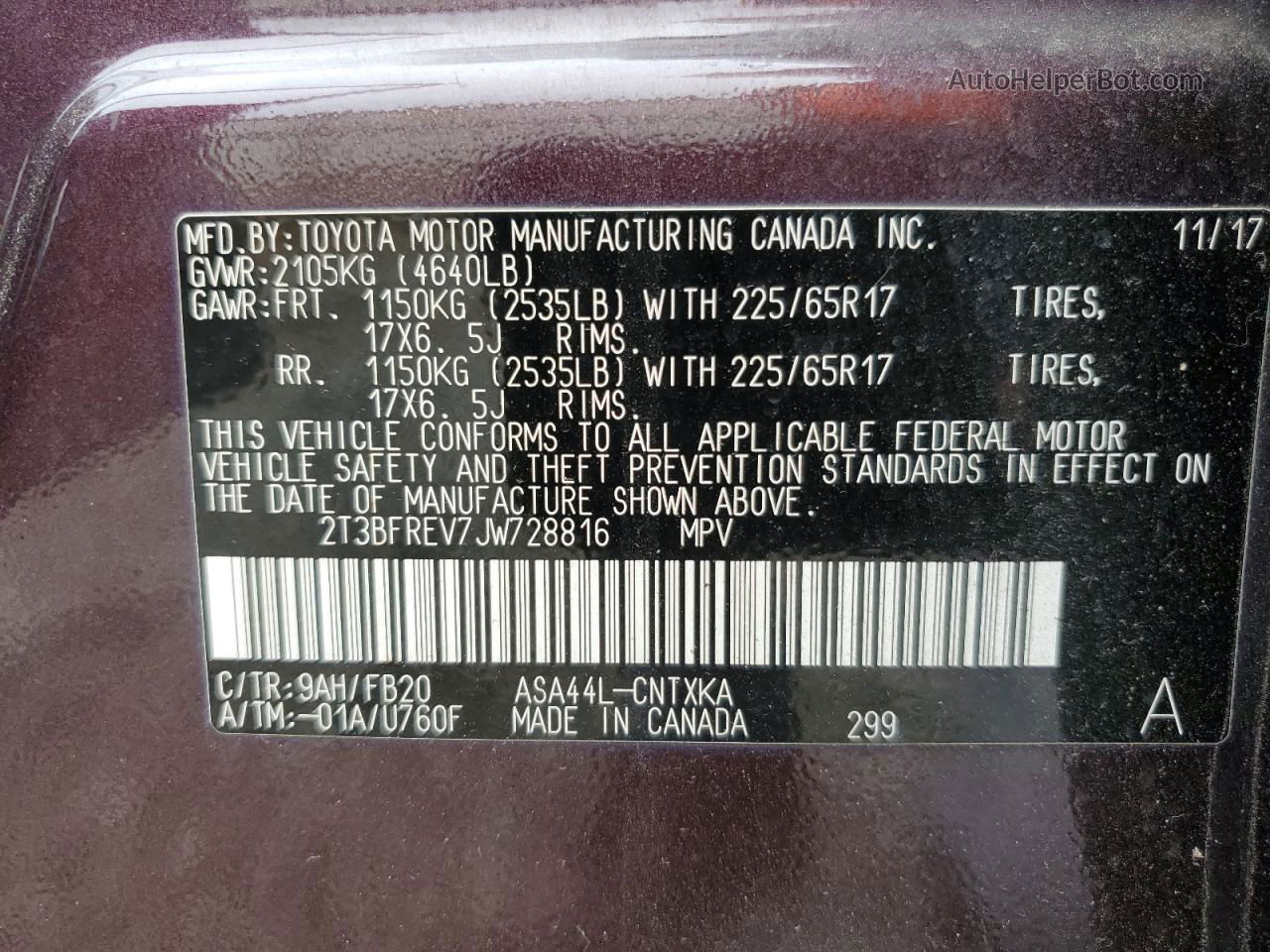 2018 Toyota Rav4 Le Purple vin: 2T3BFREV7JW728816