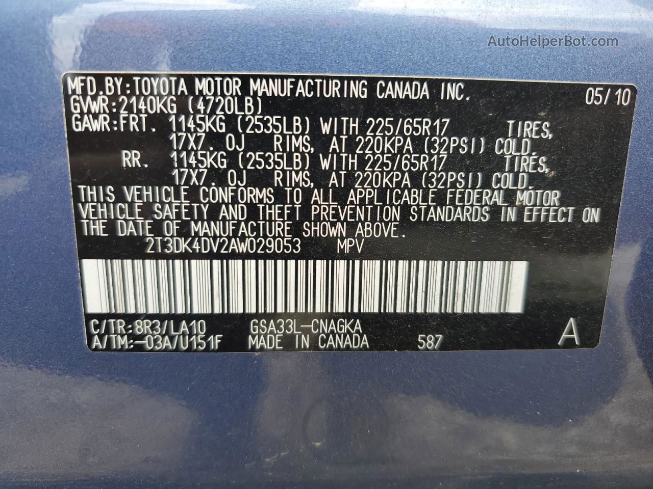 2010 Toyota Rav4 Limited Blue vin: 2T3DK4DV2AW029053