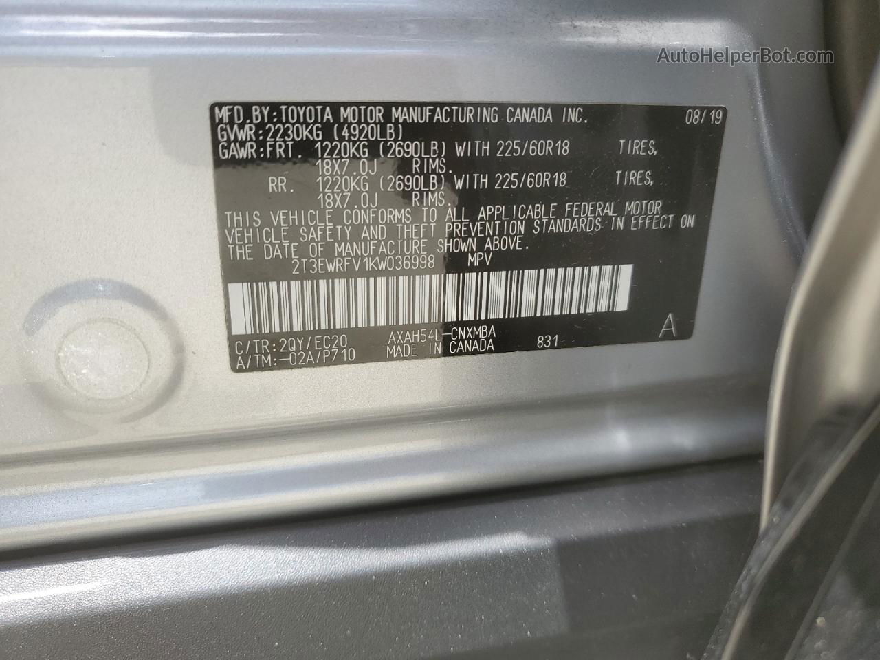 2019 Toyota Rav4 Xse Silver vin: 2T3EWRFV1KW036998