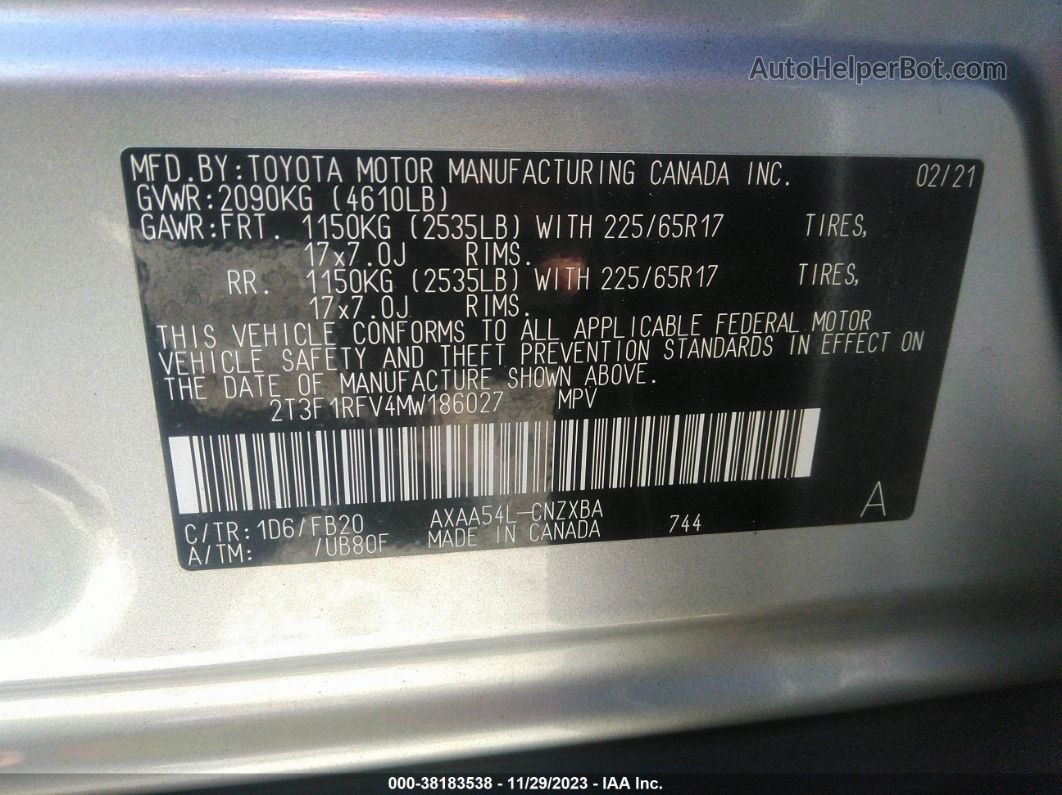 2021 Toyota Rav4 Le Silver vin: 2T3F1RFV4MW186027
