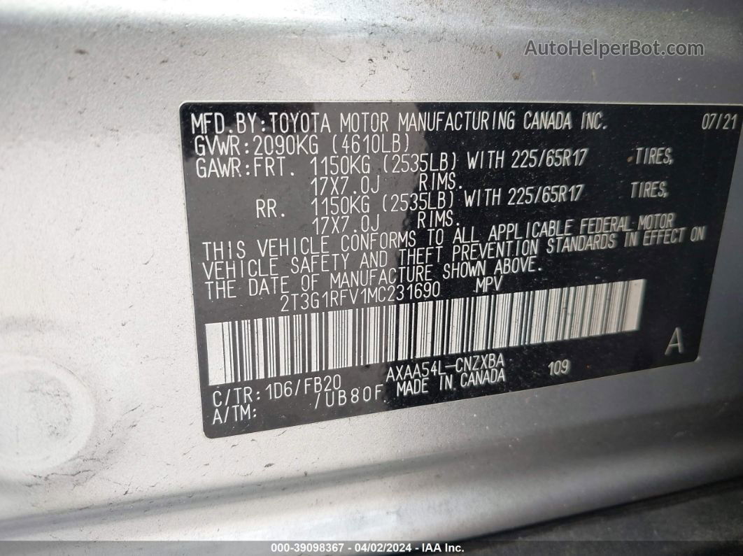 2021 Toyota Rav4 Le Silver vin: 2T3G1RFV1MC231690