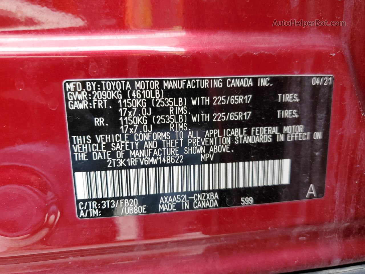 2021 Toyota Rav4 Le Red vin: 2T3K1RFV6MW148622