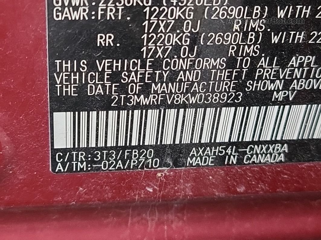 2019 Toyota Rav4 Le vin: 2T3MWRFV8KW038923
