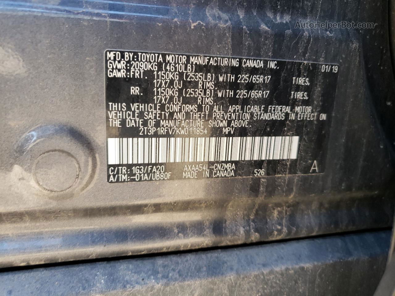 2019 Toyota Rav4 Xle Угольный vin: 2T3P1RFV7KW011854