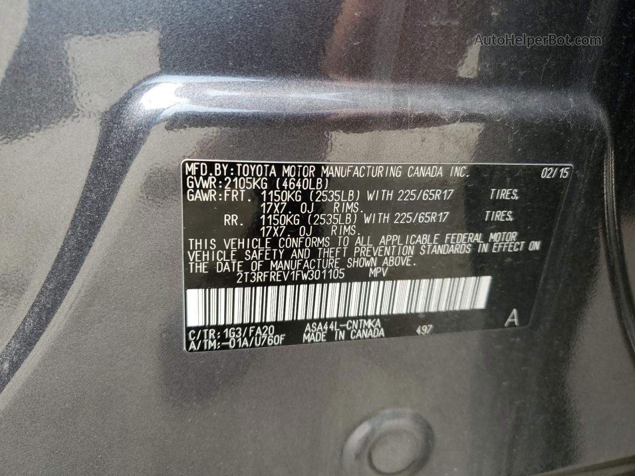 2015 Toyota Rav4 Xle Gray vin: 2T3RFREV1FW301105