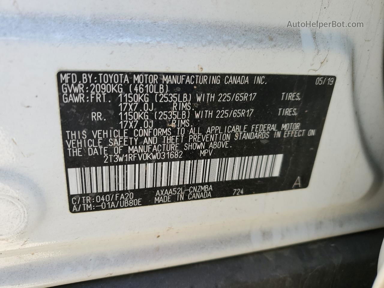 2019 Toyota Rav4 Xle White vin: 2T3W1RFV0KW031682