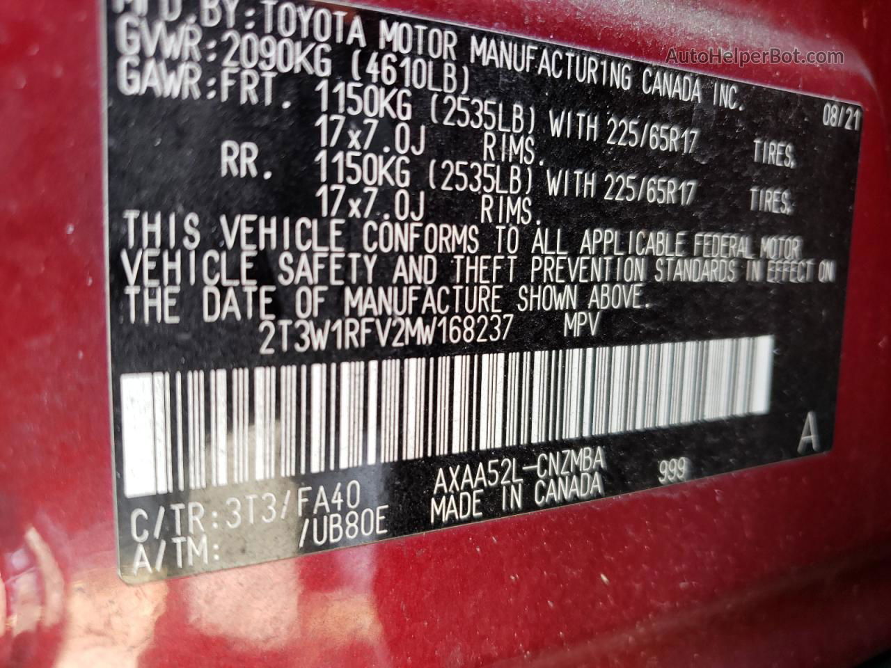 2021 Toyota Rav4 Xle Красный vin: 2T3W1RFV2MW168237
