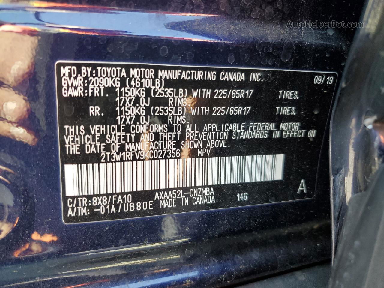 2019 Toyota Rav4 Xle Blue vin: 2T3W1RFV9KC027356