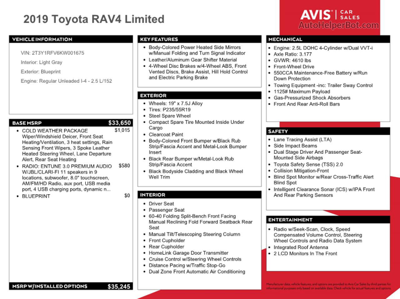 2019 Toyota Rav4 Limited Синий vin: 2T3Y1RFV6KW001675