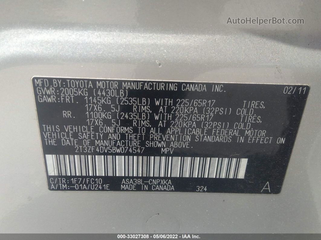 2011 Toyota Rav4   Silver vin: 2T3ZF4DV5BW074547