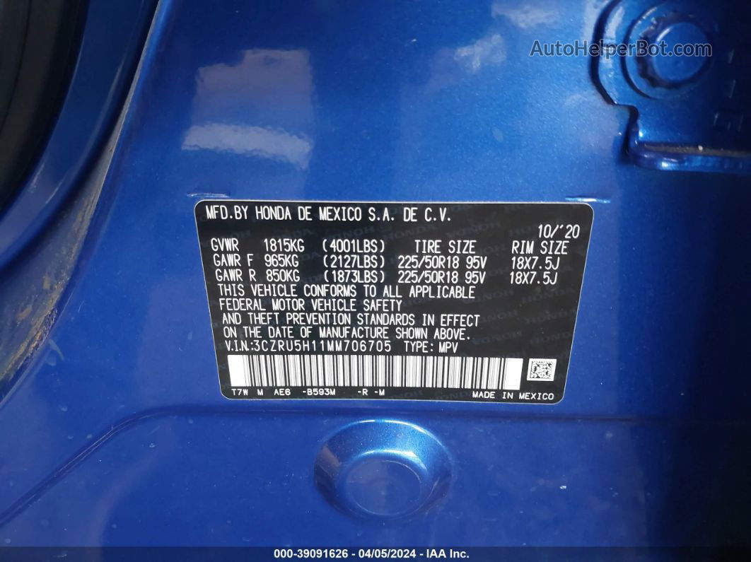 2021 Honda Hr-v 2wd Sport Blue vin: 3CZRU5H11MM706705