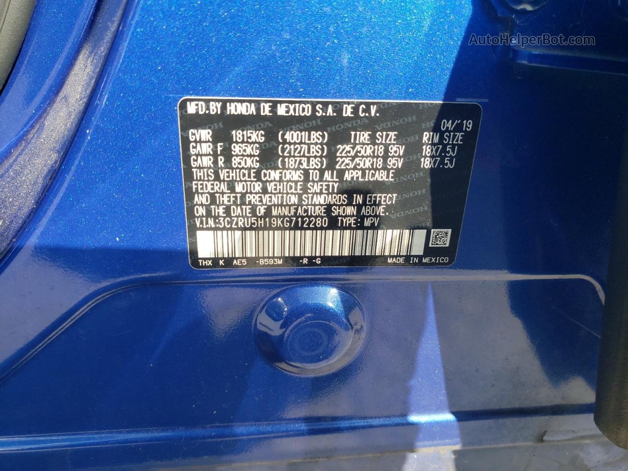 2019 Honda Hr-v Sport Blue vin: 3CZRU5H19KG712280