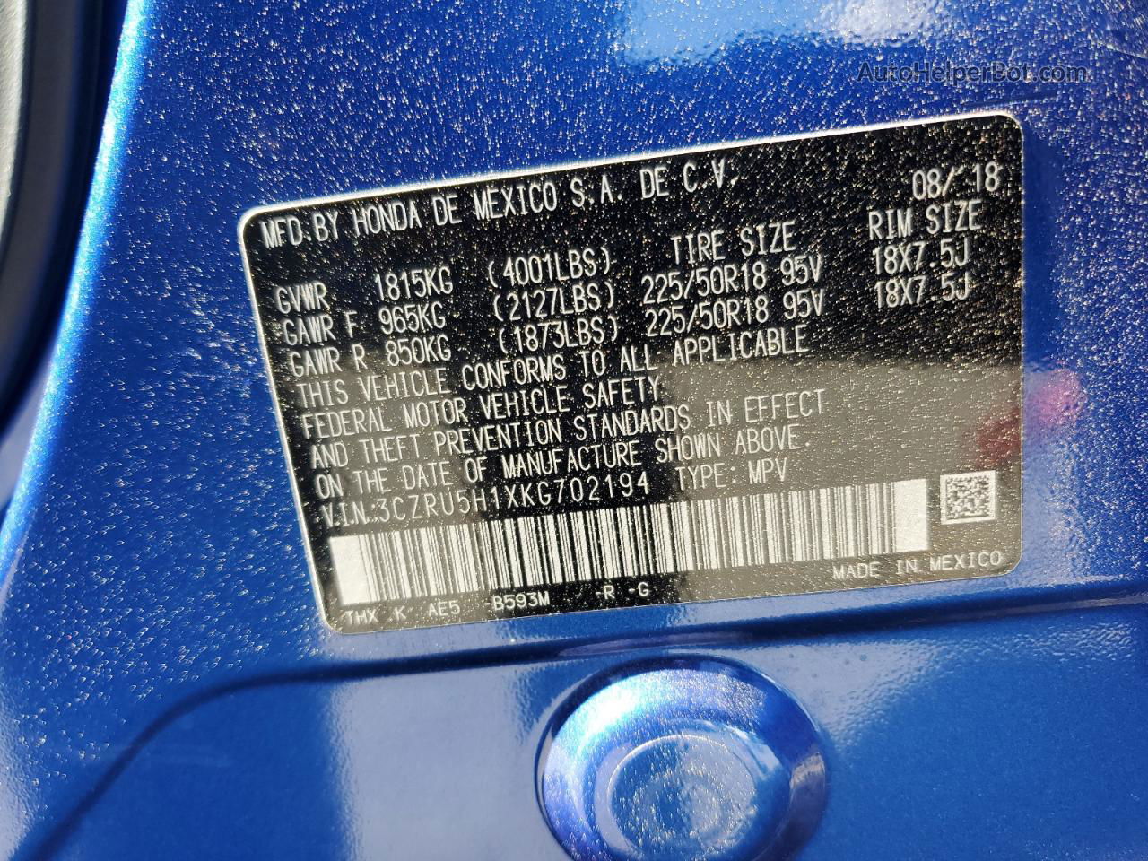 2019 Honda Hr-v Sport Blue vin: 3CZRU5H1XKG702194