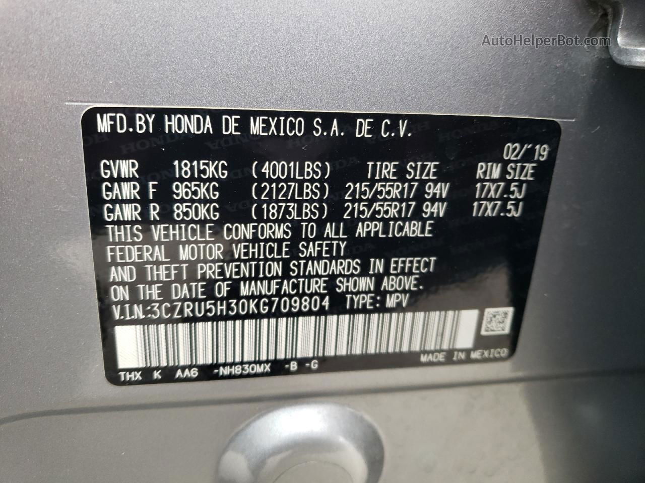 2019 Honda Hr-v Lx Silver vin: 3CZRU5H30KG709804