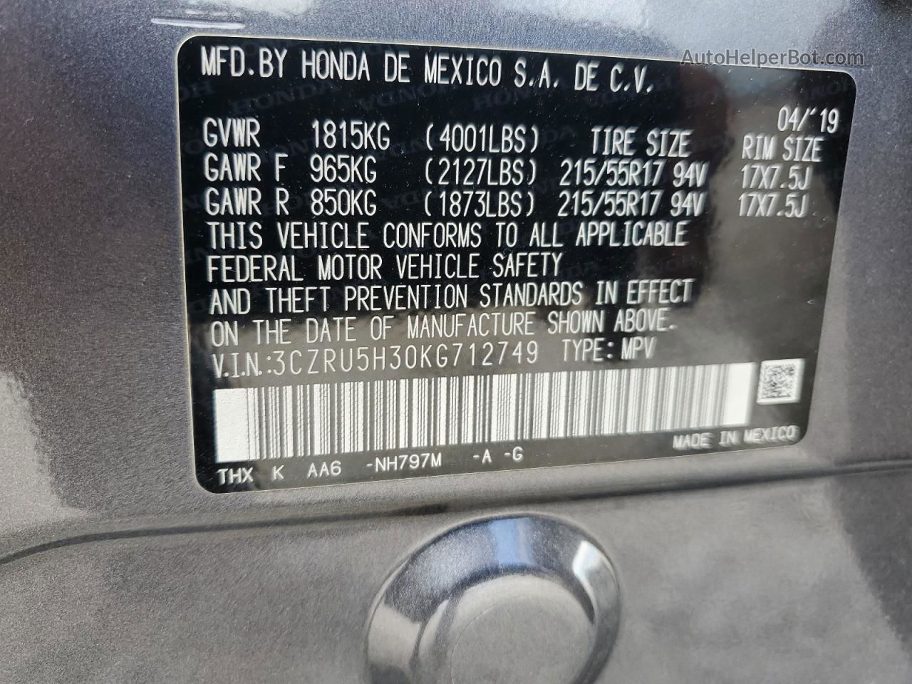 2019 Honda Hr-v Lx Gray vin: 3CZRU5H30KG712749