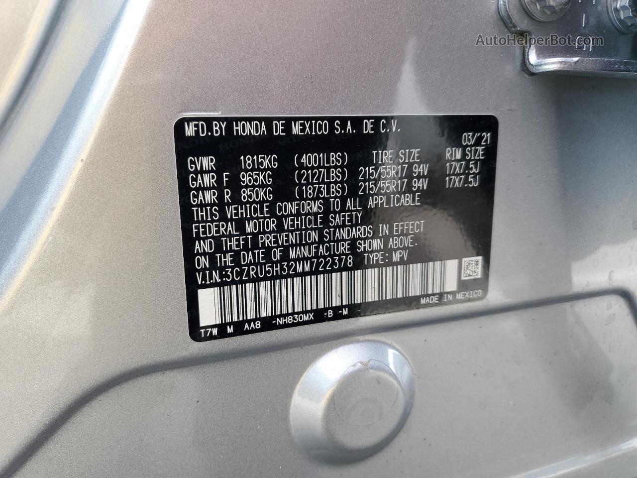 2021 Honda Hr-v Lx Silver vin: 3CZRU5H32MM722378