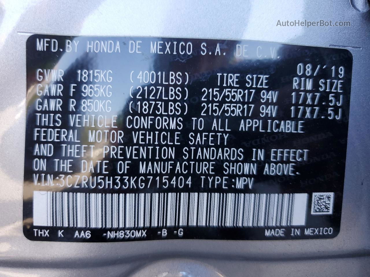 2019 Honda Hr-v Lx Silver vin: 3CZRU5H33KG715404