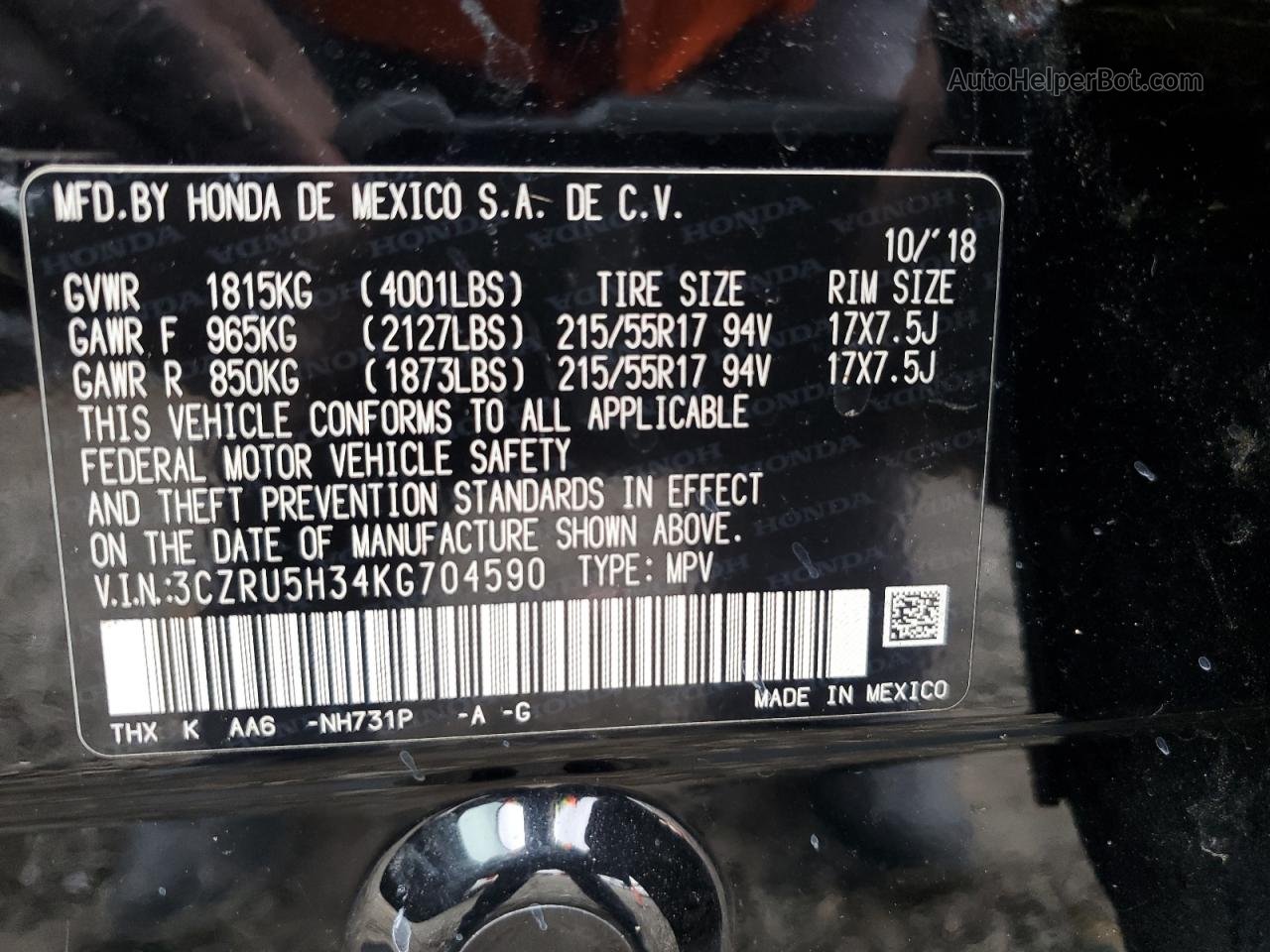 2019 Honda Hr-v Lx Black vin: 3CZRU5H34KG704590
