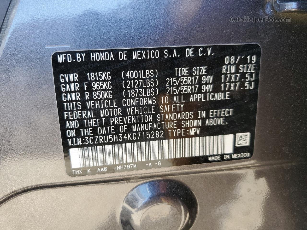 2019 Honda Hr-v Lx Gray vin: 3CZRU5H34KG715282