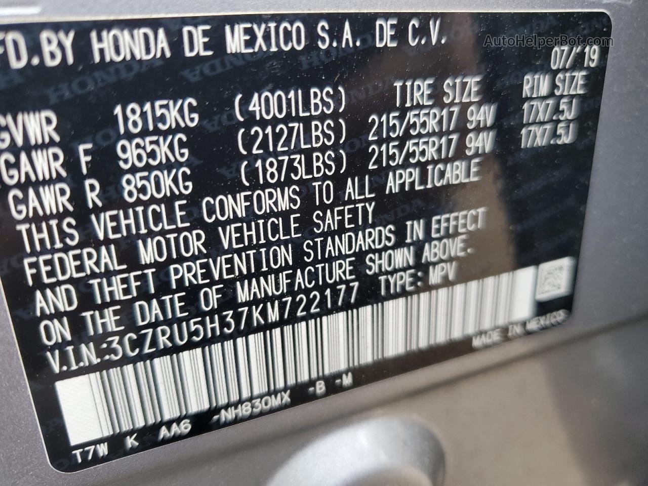 2019 Honda Hr-v Lx Silver vin: 3CZRU5H37KM722177