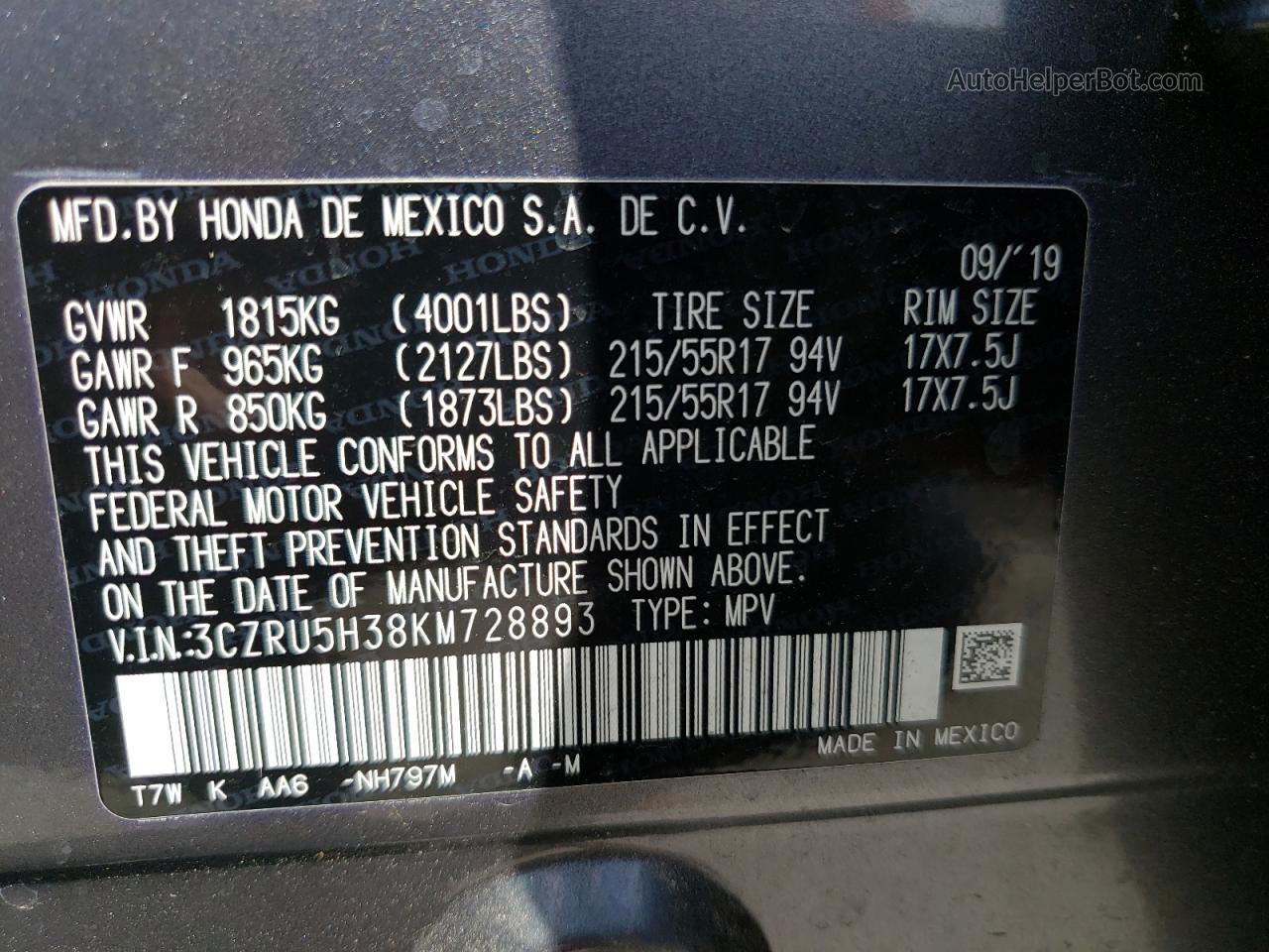 2019 Honda Hr-v Lx Charcoal vin: 3CZRU5H38KM728893