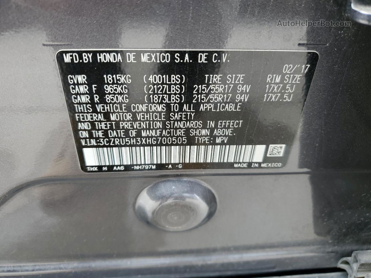 2017 Honda Hr-v Lx Gray vin: 3CZRU5H3XHG700505