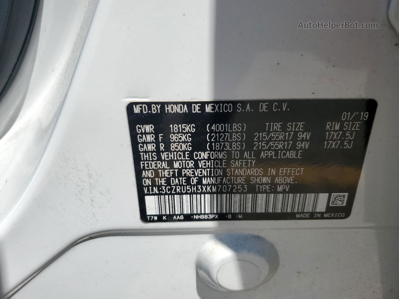 2019 Honda Hr-v Lx White vin: 3CZRU5H3XKM707253