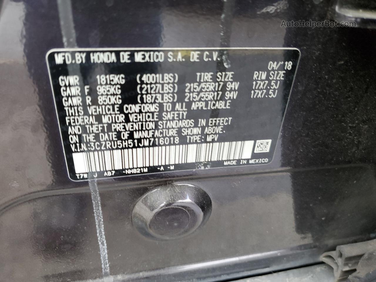 2018 Honda Hr-v Ex Black vin: 3CZRU5H51JM716018