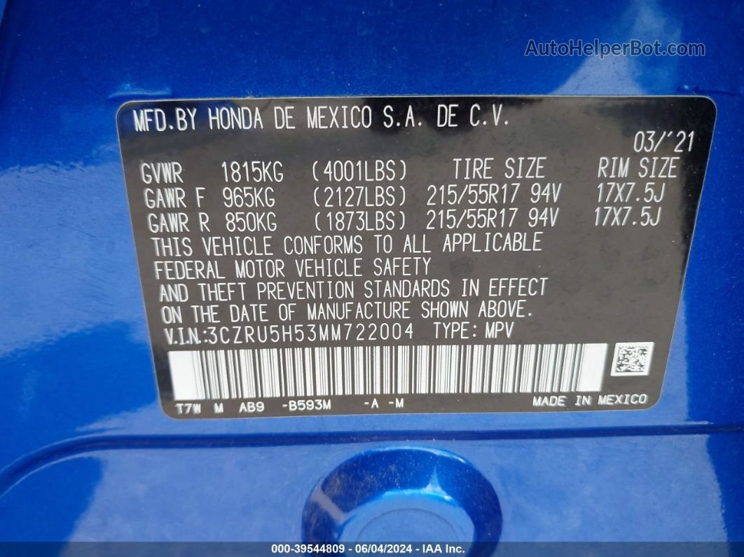 2021 Honda Hr-v 2wd Ex Blue vin: 3CZRU5H53MM722004