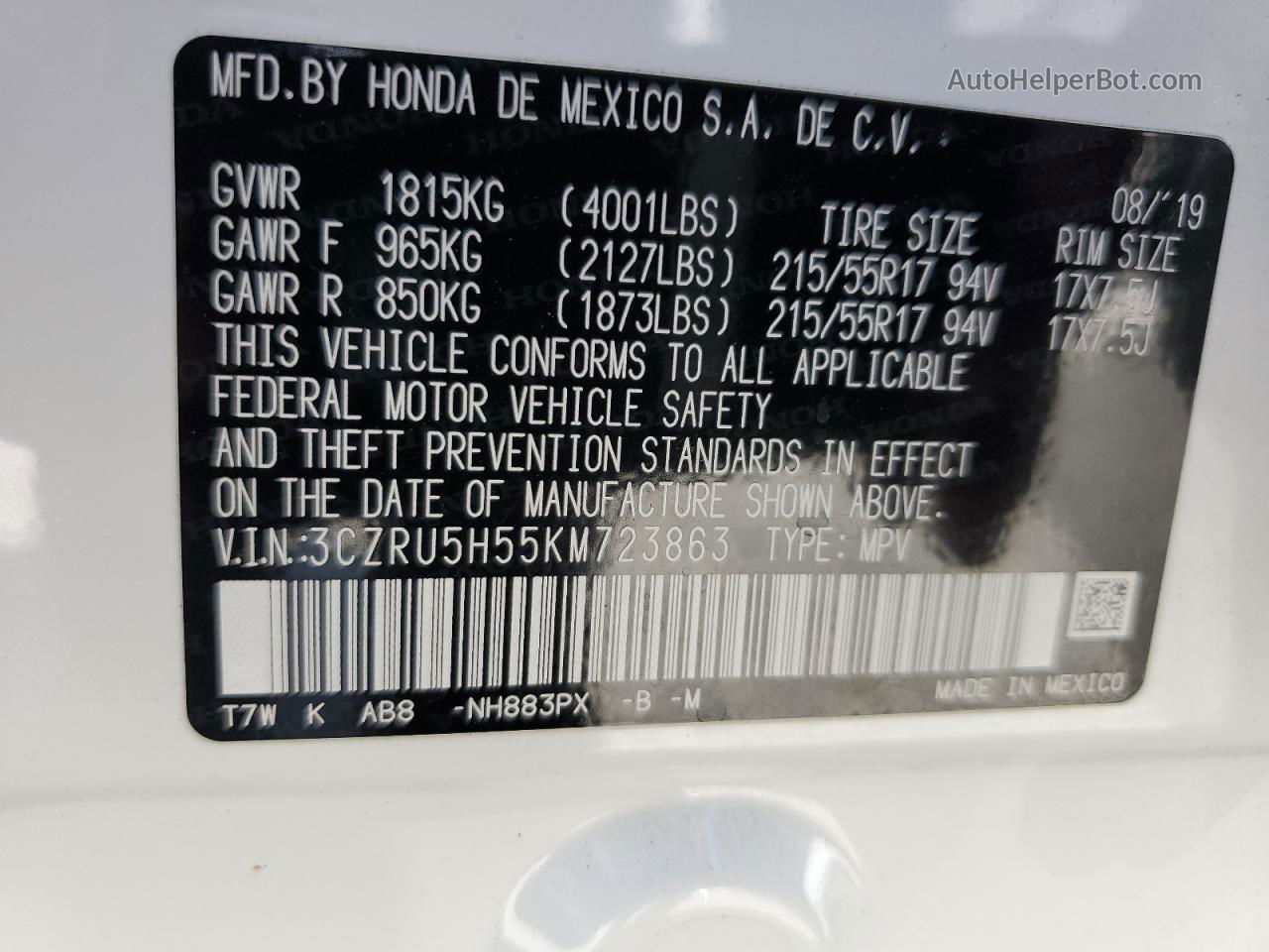 2019 Honda Hr-v Ex White vin: 3CZRU5H55KM723863