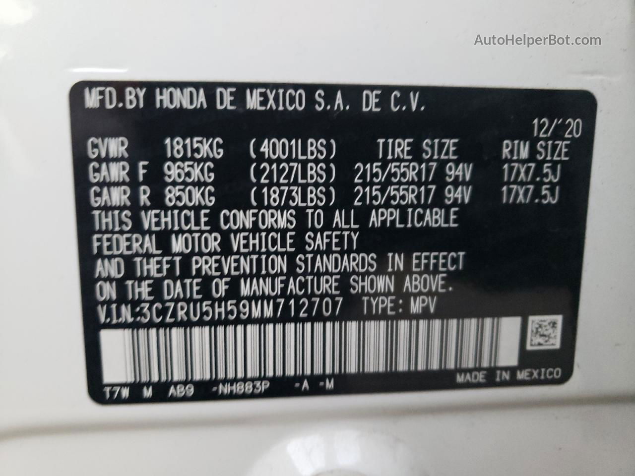 2021 Honda Hr-v Ex White vin: 3CZRU5H59MM712707