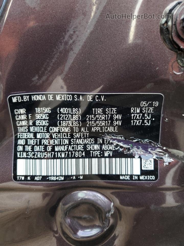 2019 Honda Hr-v Exl Burgundy vin: 3CZRU5H71KM717804