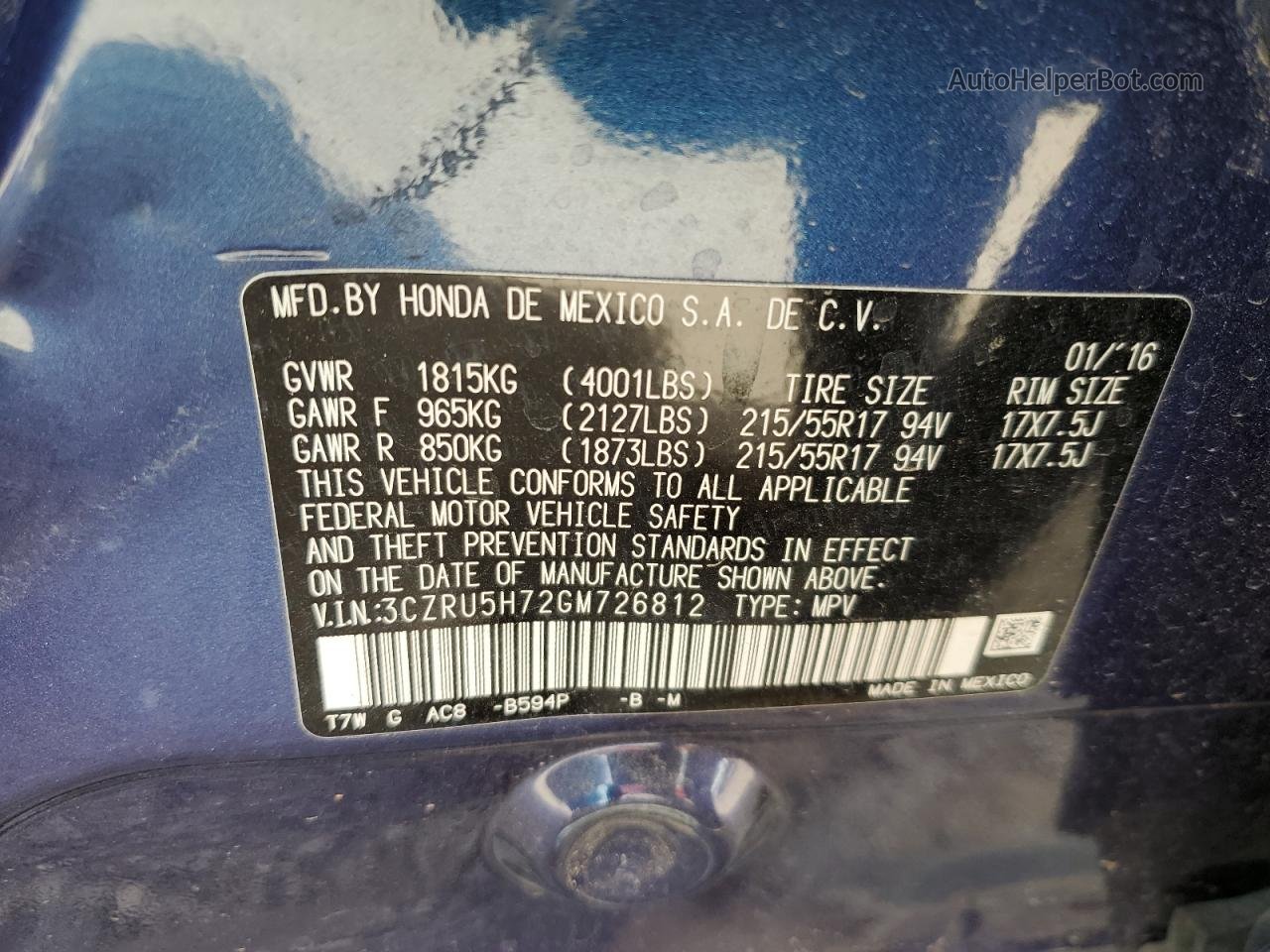 2016 Honda Hr-v Exl Blue vin: 3CZRU5H72GM726812
