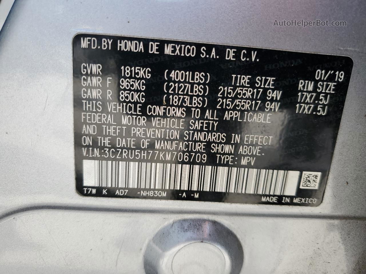 2019 Honda Hr-v Exl Silver vin: 3CZRU5H77KM706709