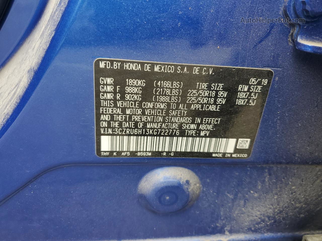 2019 Honda Hr-v Sport Blue vin: 3CZRU6H13KG722776