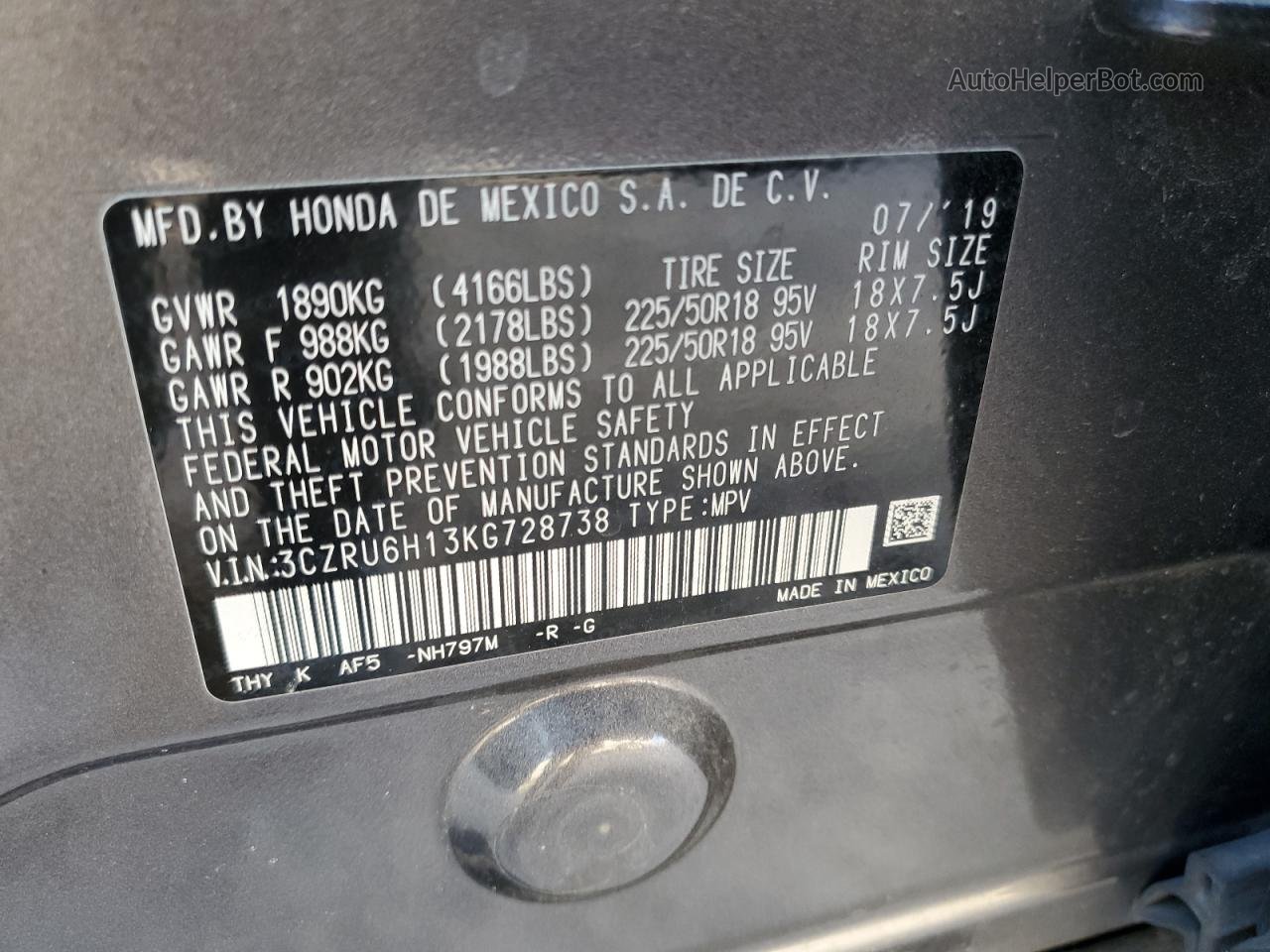 2019 Honda Hr-v Sport Серый vin: 3CZRU6H13KG728738