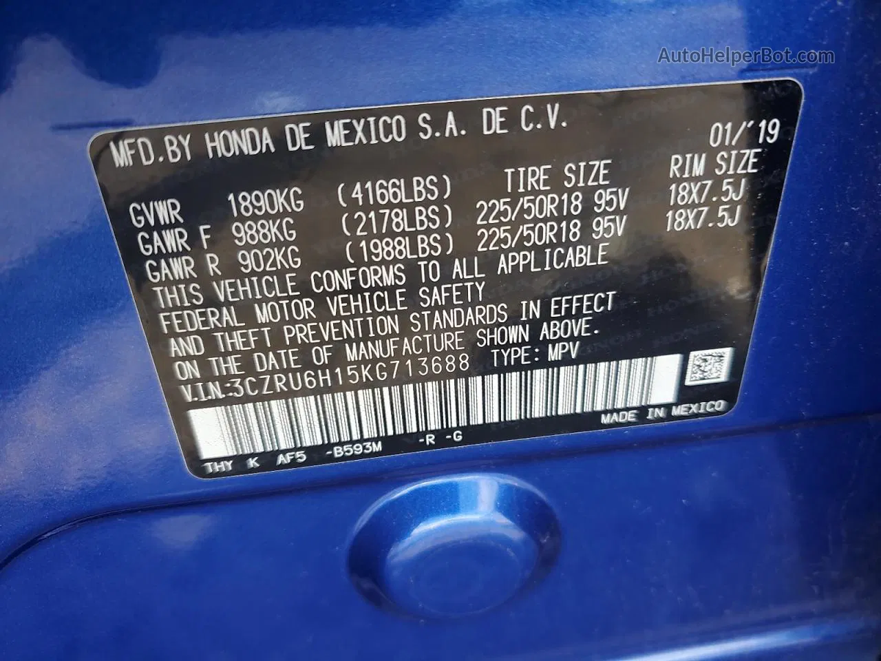 2019 Honda Hr-v Sport Blue vin: 3CZRU6H15KG713688