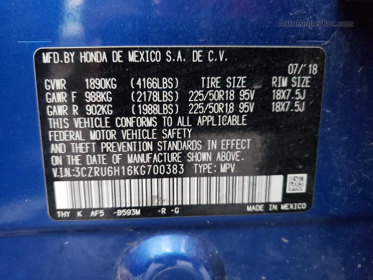 2019 Honda Hr-v Sport Blue vin: 3CZRU6H16KG700383