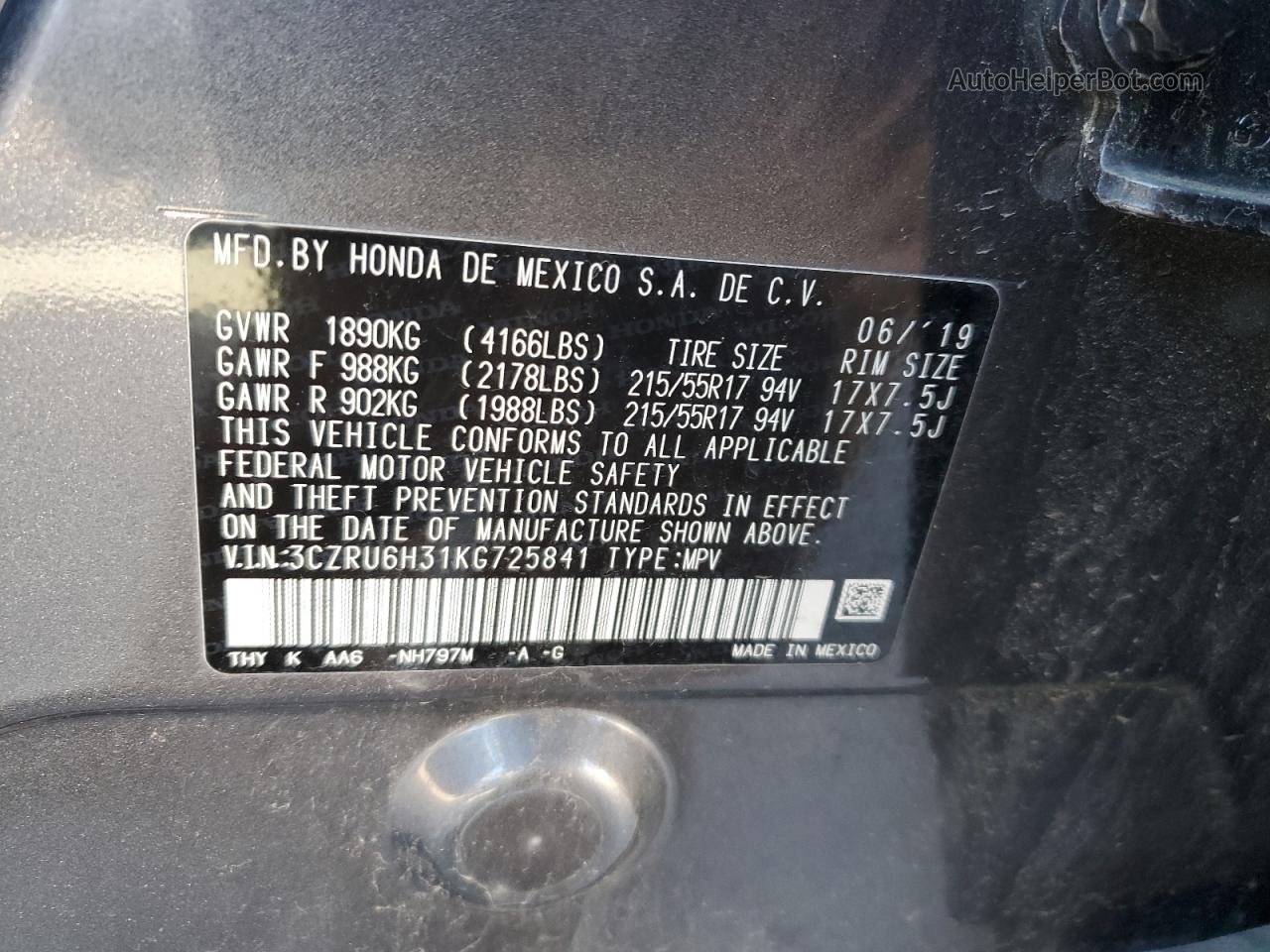 2019 Honda Hr-v Lx Gray vin: 3CZRU6H31KG725841