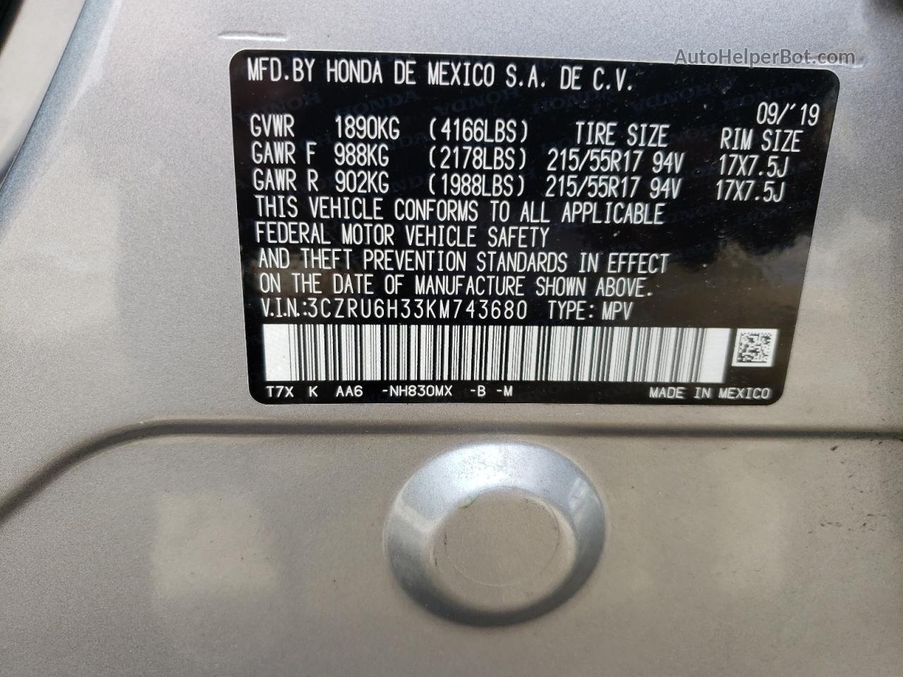 2019 Honda Hr-v Lx Silver vin: 3CZRU6H33KM743680