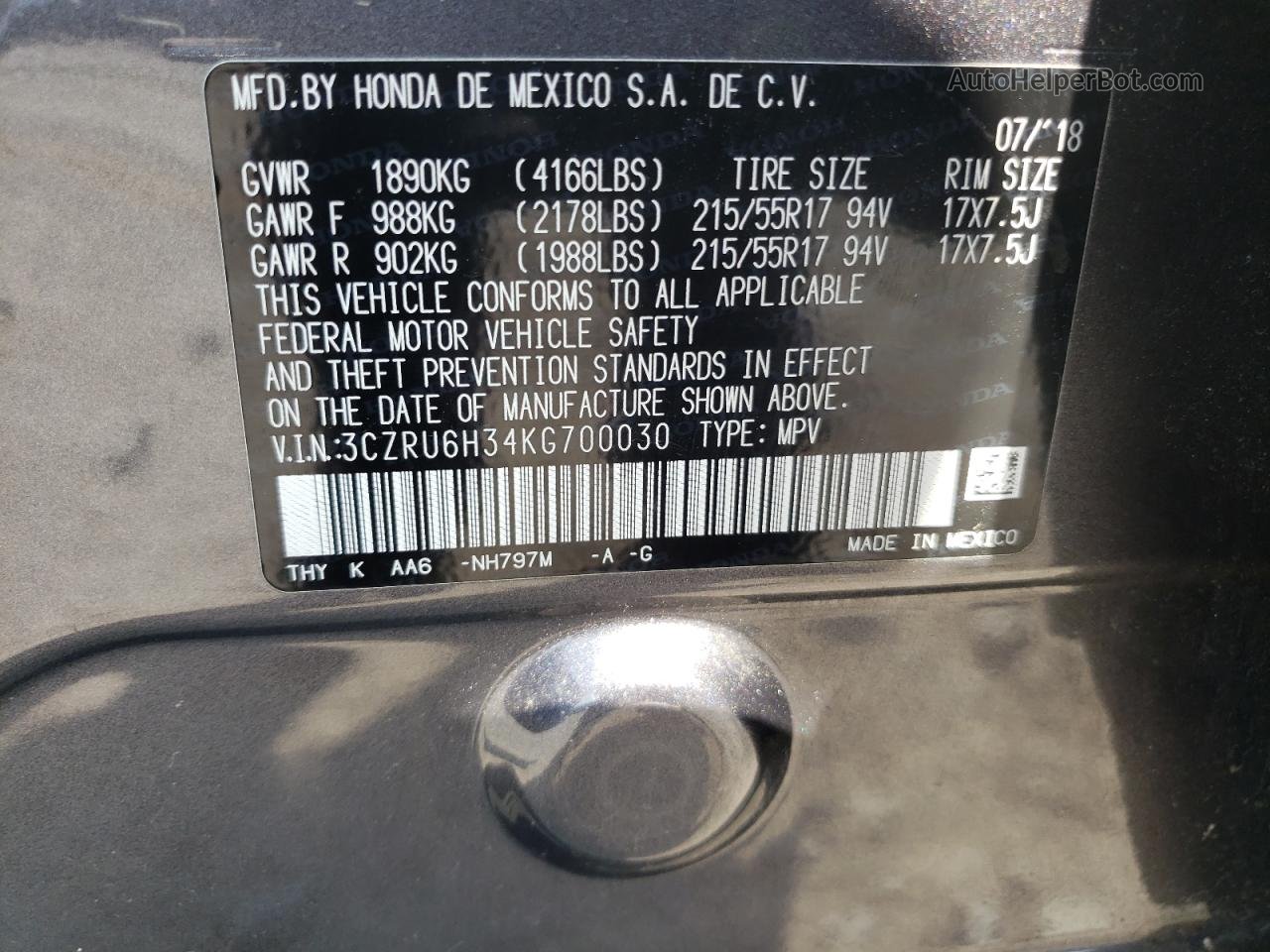 2019 Honda Hr-v Lx Gray vin: 3CZRU6H34KG700030